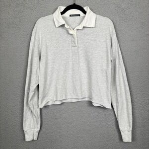 Brandy Melville Top Womens‎ OSFM Gray Cropped Rugby Polo Shirt Preppy Academia
